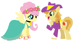 Size: 856x481 | Tagged: safe, artist:unicornsmile, braeburn, fluttershy, pegasus, pony, alternate hairstyle, base used, braeshy, clothes, dress, female, floral head wreath, flower, male, marriage, shipping, simple background, straight, wedding, white background