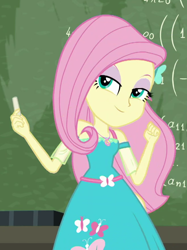 Size: 660x884 | Tagged: safe, screencap, fluttershy, a little birdie told me, better together, equestria girls, clothes, cropped, dress, female, fluttermath, geode of fauna, magical geodes