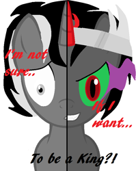 Size: 612x770 | Tagged: safe, artist:dark obsidian, oc, oc only, oc:darkobsidian, pony, unicorn, crown, dark magic, jewelry, magic, regalia, simple background, solo, sombra eyes, split screen, two sided posters, white background