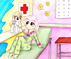 Size: 980x816 | Tagged: safe, artist:liaaqila, fluttershy, oc, oc:healing touch, pony, equestria girls, clothes, cute, doctor, doctor's office, female, filly, listening, ocbetes, pajamas, stethoscope, traditional art