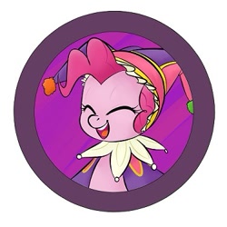 Size: 375x375 | Tagged: safe, artist:jessy, pinkie pie, pony, abstract background, bust, button, clothes, eyes closed, female, hat, jester, jester hat, jester pie, mare, smiling, solo