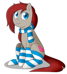 Size: 1280x1411 | Tagged: safe, artist:liziedoodle, oc, oc only, oc:ponepony, pony, clothes, cute, looking at you, scarf, simple background, sitting, socks, solo, striped socks, white background