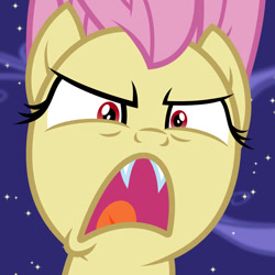 Size: 894x894 | Tagged: safe, artist:awesomeluna, fluttershy, bat pony, pony, angry, bat ponified, fangs, female, flutterbat, hissing, looking at you, mare, open mouth, race swap, solo, starry background, stars