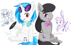 Size: 750x477 | Tagged: safe, artist:135sky, dj pon-3, octavia melody, vinyl scratch, earth pony, pony, unicorn, bow (instrument), cello, colored pupils, cute, disc, duo, female, heart, mare, music notes, musical instrument, open mouth, pixiv, simple background, sitting, tavibetes, tongue out, turntable, vinylbetes, white background