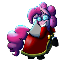 Size: 3522x2894 | Tagged: safe, artist:tkitten16, pinkie pie, earth pony, pony, clothes, fawful, glasses, mario and luigi, raised hoof, signature, simple background, smiling, solo, transparent background