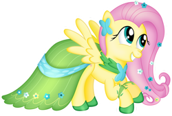 Size: 1024x694 | Tagged: safe, artist:plsim, fluttershy, pegasus, pony, clothes, cute, dress, female, gala dress, hoof shoes, looking at something, mare, shyabetes, simple background, smiling, solo, transparent background, wings