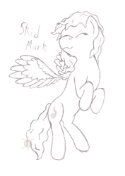 Size: 788x1112 | Tagged: safe, artist:parallel black, oc, oc only, oc:skid mark, pegasus, pony, eyes closed, flying, monochrome, pencil drawing, simple background, sketch, solo, traditional art, white background