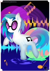 Size: 3508x4961 | Tagged: safe, artist:edonovaillustrator, dj pon-3, vinyl scratch, pony, unicorn, eyelashes, female, glasses, horn, lineless, mare, music notes, solo, sound effects, soundwave