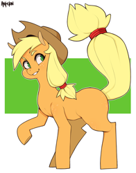 Size: 1000x1273 | Tagged: safe, artist:antelon, applejack, earth pony, pony, cowboy hat, female, freckles, hat, mare, missing cutie mark, raised hoof, raised tail, smiling, solo, stetson, tail