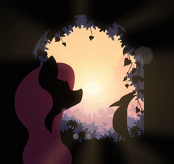 Size: 1600x1512 | Tagged: safe, artist:simonk0, fluttershy, bird, pegasus, pony, canterlot, silhouette, solo, sun