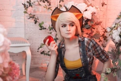 Size: 1752x1168 | Tagged: safe, artist:bowietiee, applejack, human, clothes, cosplay, costume, cowboy hat, female, freckles, hat, irl, irl human, overalls, photo, sequence, shirt, solo