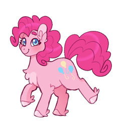 Size: 536x570 | Tagged: safe, artist:biskyfresh, part of a set, pinkie pie, earth pony, pony, blushing, chest fluff, cutie mark, female, fluffy, looking at you, mare, raised hoof, simple background, smiling, solo, unshorn fetlocks, white background