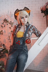 Size: 1168x1752 | Tagged: safe, artist:bowietiee, applejack, human, clothes, cosplay, costume, cowboy hat, female, hat, irl, irl human, overalls, photo, sequence, shirt, solo