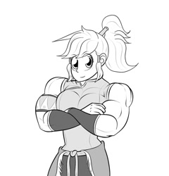 Size: 854x890 | Tagged: safe, artist:matchstickman, applejack, human, applejacked, applerack, biceps, breasts, clothes, cosplay, costume, female, humanized, korra, looking at you, monochrome, muscles, ponytail, simple background, solo, the legend of korra, white background