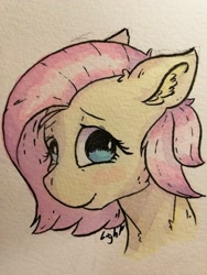 Size: 1920x2560 | Tagged: safe, artist:lightisanasshole, fluttershy, pegasus, pony, adorkable, blushing, bust, cute, dork, female, mare, painting, portrait, short hair, short mane, shyabetes, smiling, solo, three quarter view, traditional art, watercolor painting