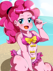 Size: 1200x1600 | Tagged: safe, artist:umejiru, pinkie pie, better together, equestria girls, forgotten friendship, anime, beach, candy, clothes, female, food, lollipop, plump, solo, swimsuit