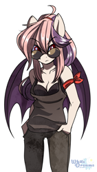 Size: 1811x3221 | Tagged: safe, artist:xwhitedreamsx, oc, oc only, oc:sweet velvet, anthro, bat pony, anthro oc, bra, breasts, clothes, fangs, female, mare, pants, shirt, simple background, solo, sunglasses, underwear, white background