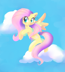 Size: 1800x2001 | Tagged: safe, artist:talim_stuff, fluttershy, pegasus, pony, cloud, cute, female, flying, head turn, looking away, looking sideways, mare, shyabetes, sky, smiling, solo, spread wings, wings