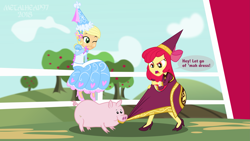 Size: 3999x2249 | Tagged: safe, artist:metalhead97, apple bloom, applejack, pig, equestria girls, for whom the sweetie belle toils, look before you sleep, alternate hairstyle, angry, barn, chewing, clothes, cloud, costume, dress, eating, farm, female, fence, froufrou glittery lacy outfit, giggling, hat, hennin, high heels, jewelry, one eye closed, outdoors, pulling, shoes, show accurate, sisters, sitting, skirt, skirt pull, speech bubble, text, tree, wink