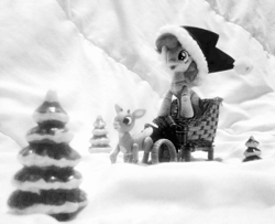 Size: 2361x1920 | Tagged: safe, artist:kuren247, pinkie pie, deer, earth pony, pony, reindeer, action figure, black and white, christmas, crossover, figurine, gaming miniature, grayscale, happy, hat, holiday, irl, merry christmas, miniature, monochrome, photo, photography, rankin/bass, rudolph the red nosed reindeer, santa hat, sleighride, snow, toy, tree, tribute