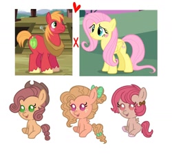 Size: 1427x1278 | Tagged: safe, artist:kittystar614, edit, edited screencap, screencap, big macintosh, fluttershy, oc, earth pony, pegasus, pony, baby, baby pony, blank flank, blushing, bow, cowboy hat, female, filly, fluffy hair, fluttermac, foal, freckles, hair bow, hat, heart, male, offspring, parent:big macintosh, parent:fluttershy, parents:fluttermac, screencap reference, shipping, straight, tail bow, unshorn fetlocks