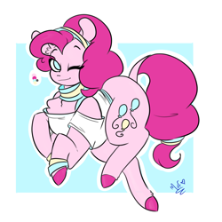 Size: 1280x1280 | Tagged: safe, artist:salty-irish-potato, pinkie pie, earth pony, pony, chest fluff, clothes, female, looking at you, mare, one eye closed, shirt, signature, solo, wink, wristband