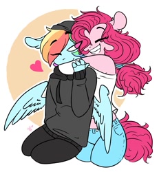 Size: 1183x1280 | Tagged: safe, artist:salty-irish-potato, pinkie pie, rainbow dash, anthro, earth pony, pegasus, abstract background, clothes, eyes closed, female, floppy ears, hat, heart, hug, lesbian, one eye closed, pants, pinkiedash, shipping, shirt, smiling, sweater