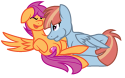 Size: 924x578 | Tagged: safe, artist:midnightamber, scootaloo, windy whistles, cutie mark, raspberry, requested art, scootalove, simple background, the cmc's cutie marks, tickling, tummy buzz, white background