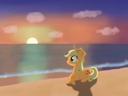 Size: 800x600 | Tagged: safe, artist:stormdragon3, applejack, earth pony, pony, beach, ocean, prone, solo, sunset