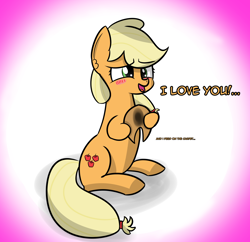 Size: 3170x3070 | Tagged: safe, artist:artiks, applejack, earth pony, pony, applejack's hat, bronybait, cowboy hat, dialogue, female, hat, i love you, mare, simple background, solo, whispering