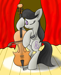 Size: 1328x1640 | Tagged: safe, artist:notadeliciouspotato, octavia melody, earth pony, pony, bipedal, cello, curtains, female, mare, musical instrument, one eye closed, smiling, solo, spotlight, stage