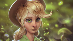 Size: 1200x675 | Tagged: safe, artist:assasinmonkey, applejack, human, equestria girls, beautiful, big eyes, bust, cowboy hat, equestria girls outfit, female, freckles, green, hat, humanized, lips, looking at you, messy hair, portrait, realistic, solo, stetson, uncanny valley, woman