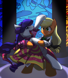 Size: 4200x4800 | Tagged: safe, artist:geraritydevillefort, applejack, rarity, earth pony, pony, unicorn, absurd resolution, beautiful, clothes, cute, dancing, dress, female, lesbian, mare, rarijack, shipping, smiling