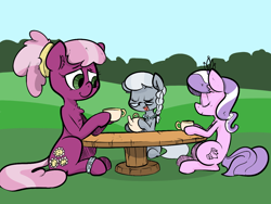 Size: 1200x900 | Tagged: safe, artist:whydomenhavenipples, cheerilee, diamond tiara, silver spoon, filly, table, tea, tea party