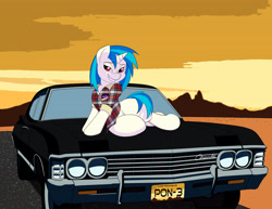 Size: 6600x5100 | Tagged: safe, artist:desmond-some, dj pon-3, vinyl scratch, pony, unicorn, absurd resolution, car, chevrolet, chevrolet impala, clothes, female, looking at you, outdoors, shirt, smiling, solo, wrong eye color