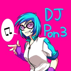 Size: 1000x1000 | Tagged: safe, alternate version, artist:raika0306, dj pon-3, vinyl scratch, equestria girls, female, music notes, pictogram, pink background, simple background, solo, sunglasses