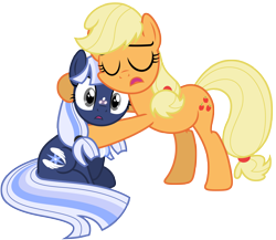 Size: 9567x8289 | Tagged: safe, artist:estories, applejack, oc, oc:silverlay, earth pony, pony, unicorn, absurd resolution, canon x oc, female, hatless, lesbian, mare, missing accessory, shipping, silverjack, simple background, transparent background, vector