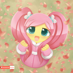 Size: 1200x1200 | Tagged: safe, artist:howxu, fluttershy, human, alternate hairstyle, cute, cute smile, daaaaaaaaaaaw, female, hnnng, howxu is trying to murder us, humanized, looking at you, pigtails, pony coloring, precious, shyabetes, smol, solo, twintails, weapons-grade cute
