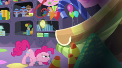 Size: 1280x720 | Tagged: safe, screencap, pinkie pie, earth pony, pony, party pooped, balloon, determined, party cave, slide, solo, streamers