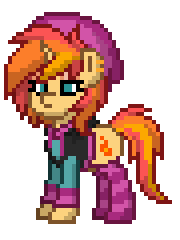 Size: 180x240 | Tagged: safe, oc, oc only, oc:twinkle flame, pony, unicorn, clothes, ear piercing, earring, eyeshadow, female, hat, hoodie, jewelry, lidded eyes, makeup, mare, piercing, pixel art, pony town, simple background, socks, solo, sprite, striped socks, white background