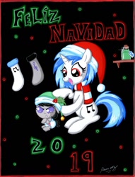 Size: 1024x1337 | Tagged: safe, artist:rammzblood, dj pon-3, octavia melody, vinyl scratch, earth pony, pony, unicorn, 2019, angry, baby, baby pony, christmas, clothes, crossed hooves, diaper, duo, duo female, female, hat, holiday, mare, octavia is not amused, potion, santa hat, scarf, smiling, socks, spanish, text, unamused, younger