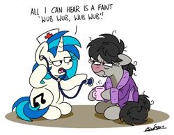 Size: 1024x796 | Tagged: safe, artist:bobthedalek, dj pon-3, octavia melody, vinyl scratch, earth pony, pony, unicorn, annoyed, bathrobe, clothes, female, hat, mare, mug, nurse hat, octavia is not amused, redraw, robe, sick, simple background, stethoscope, unamused, white background, wub