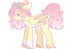 Size: 3000x2048 | Tagged: safe, artist:cinnamontee, fluttershy, pegasus, pony, alternate design, female, floppy ears, floral head wreath, flower, flower in tail, folded wings, looking at you, mare, pale belly, profile, short mane, simple background, smiling, socks (coat marking), solo, standing, transparent background, two toned wings, unshorn fetlocks, wings