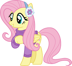 Size: 3284x3000 | Tagged: safe, artist:cloudyglow, artist:yanoda, fluttershy, pegasus, pony, best gift ever, .ai available, clothes, earmuffs, female, mare, simple background, solo, sweater, transparent background, vector, winter