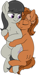 Size: 2326x4422 | Tagged: safe, artist:zippysqrl, octavia melody, oc, oc:sign, earth pony, pony, unicorn, canon x oc, chest fluff, cuddling, eyes closed, female, freckles, mare, simple background, smiling, spooning, transparent background