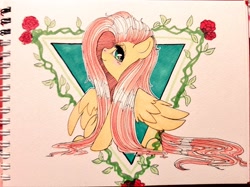 Size: 1024x767 | Tagged: safe, artist:ponycide, fluttershy, pegasus, pony, flower, lidded eyes, rose, smiling, solo, traditional art