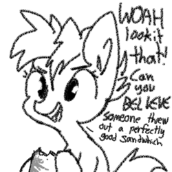 Size: 1280x1280 | Tagged: safe, artist:tjpones, oc, oc only, oc:sammich, earth pony, pony, parental glideance, dialogue, eating, food, grayscale, monochrome, pasta and potato sandwich on sourdough, sandwich, simple background, solo, this will end in food poisoning, white background