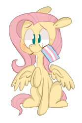 Size: 515x772 | Tagged: safe, artist:pinkiespresent, fluttershy, pegasus, pony, blushing, cute, female, floppy ears, headcanon, lgbt, lgbt headcanon, mare, mouth hold, no pupils, pride, pride flag, raised hoof, sexuality headcanon, shyabetes, simple background, sitting, smiling, solo, spread wings, transgender pride flag, transparent background, wings