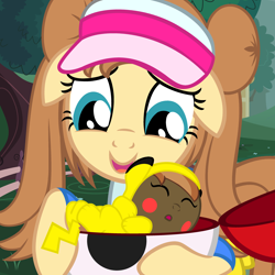 Size: 3240x3240 | Tagged: safe, artist:beavernator, button mash, oc, oc:cream heart, pikachu, pony, baby, baby pony, beavernator is trying to murder us, blushing, buttonbetes, clothes, costume, crossover, cute, floppy ears, foal, pokémon, rosa, sleeping, smiling