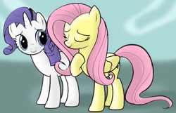 Size: 734x473 | Tagged: safe, artist:mast88, fluttershy, rarity, pegasus, pony, unicorn, duo, eyes closed, female, folded wings, hoof on chest, mare, smiling, standing, three quarter view, wings